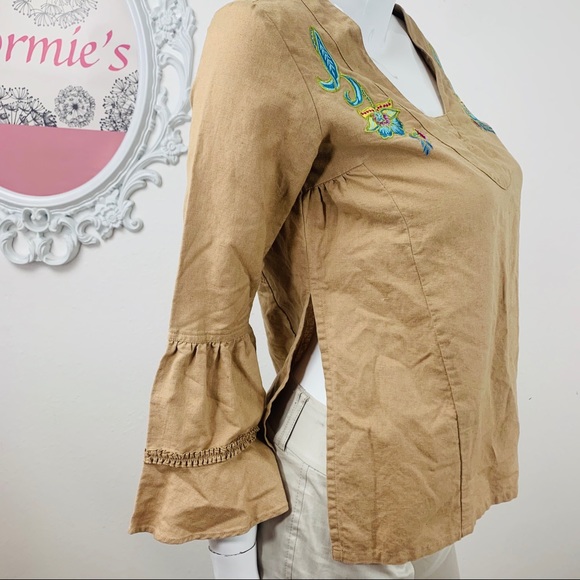 Oilily / Tan Embroider Floral Bell Sleeve V Neck - Picture 3 of 8